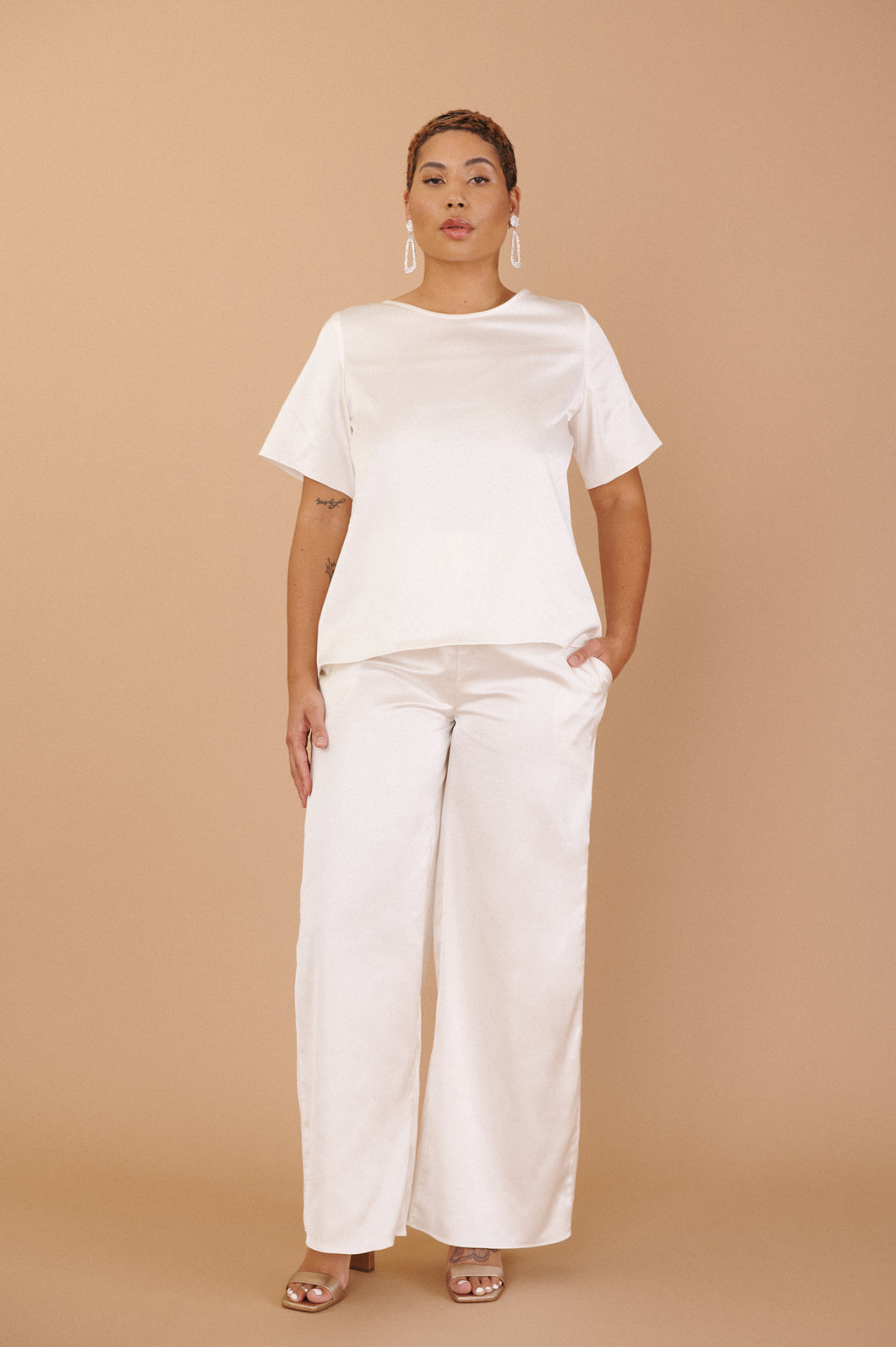 Clara Top + Pants Set - White Satin